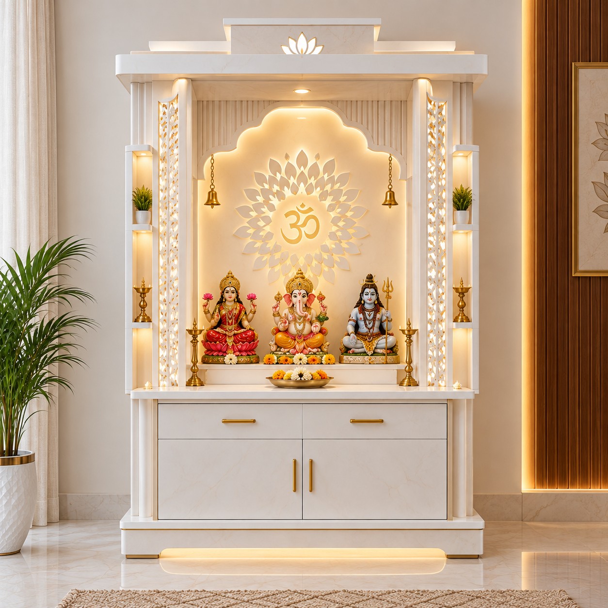 Modern White Gold Designer Mandir